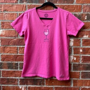Life Is Good Womens Medium Pink Half Full Wine Glass Vneck Crusher Tshirt